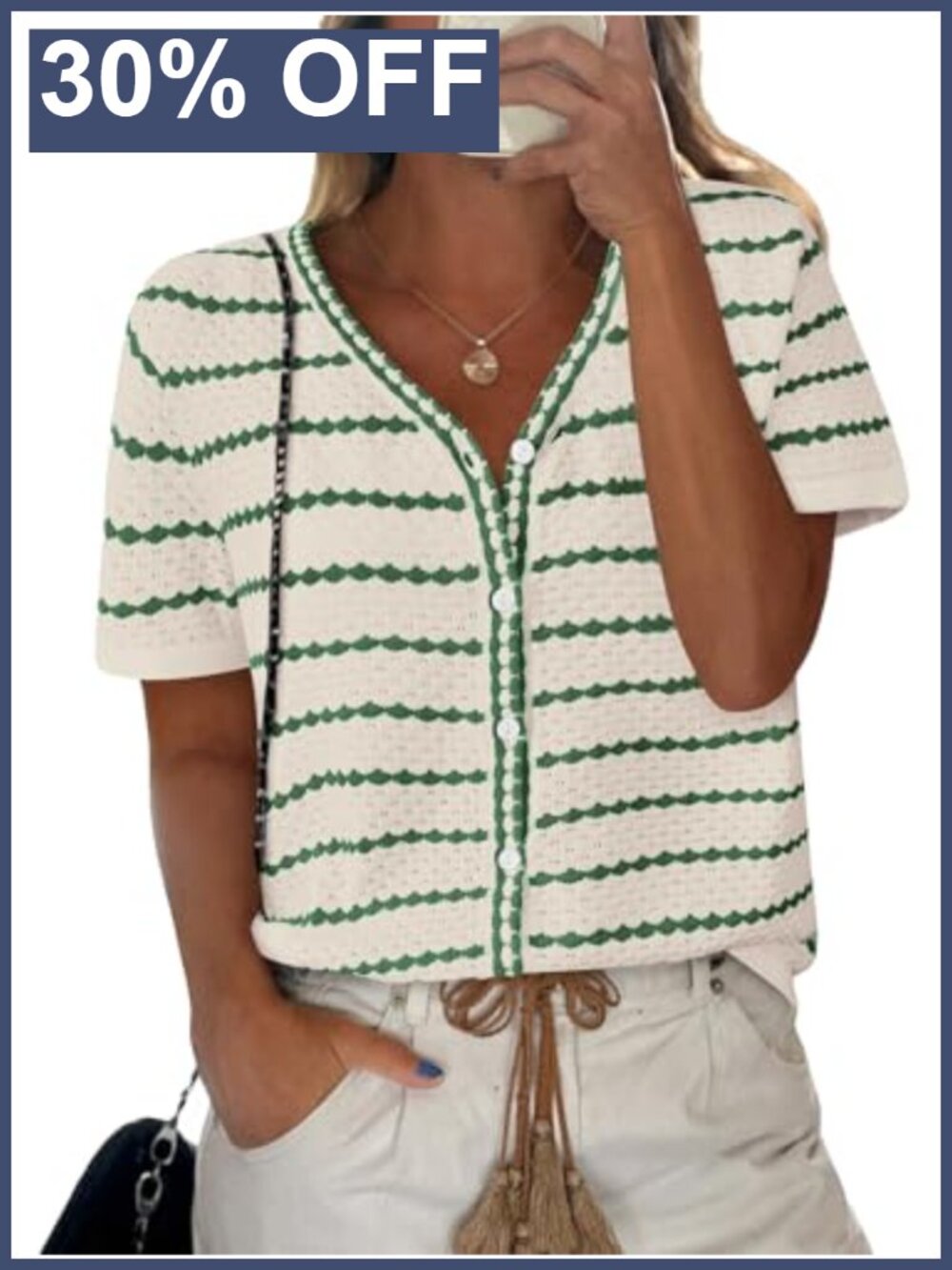 Women's Short Sleeve Crochet Knit Sweater with Buttons